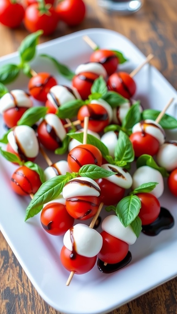 A platter of Mini Caprese Skewers with cherry tomatoes, mozzarella, and basil, drizzled with balsamic glaze.